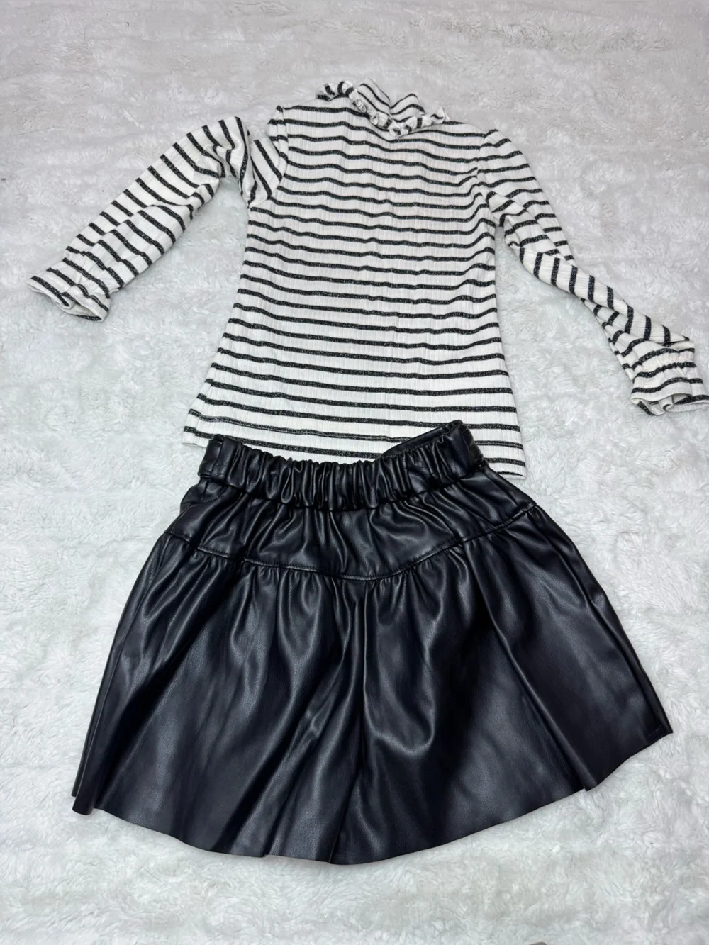 Girls Black & White Stripe Ruffle Mock Neck With Skirt
